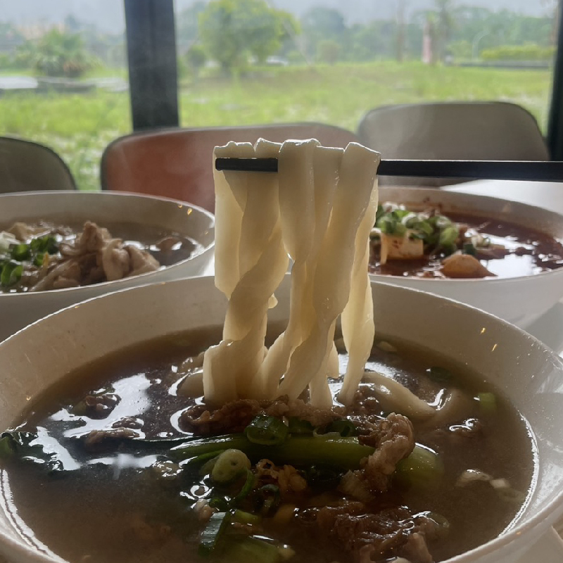 瓦立特披薩茶香牛肉麵Q彈手工麵條特寫，展現彈牙口感與濃郁湯頭，搭配窗外自然景致，拍攝於臺灣客家茶文化館。