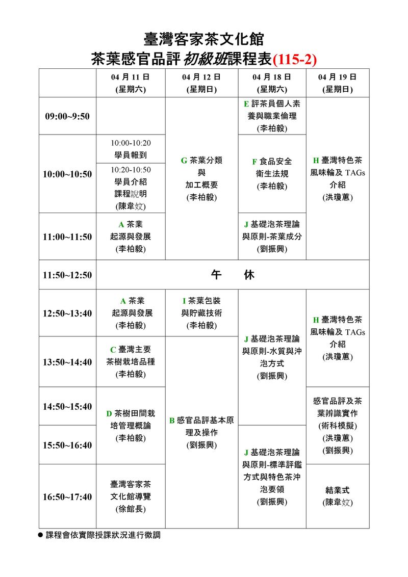 茶葉感官品評初級班課程表,列出2026年4月假日班四天課程時程、授課主題與師資安排。