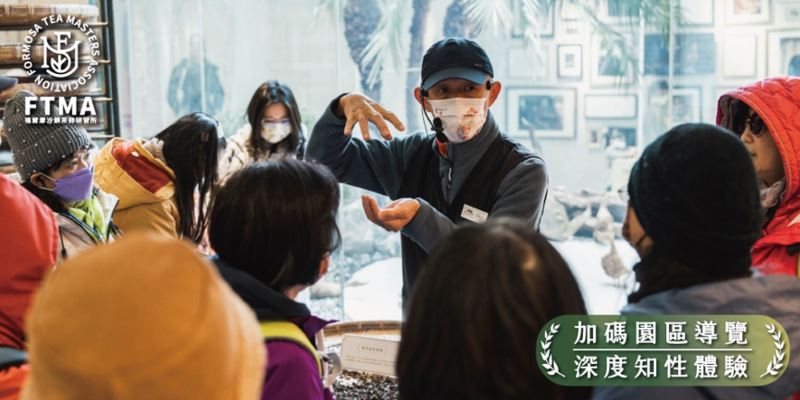 導覽員於臺灣客家茶文化館加碼園區帶領團體參觀並進行茶文化知識講解,提供深度導覽與知性體驗。